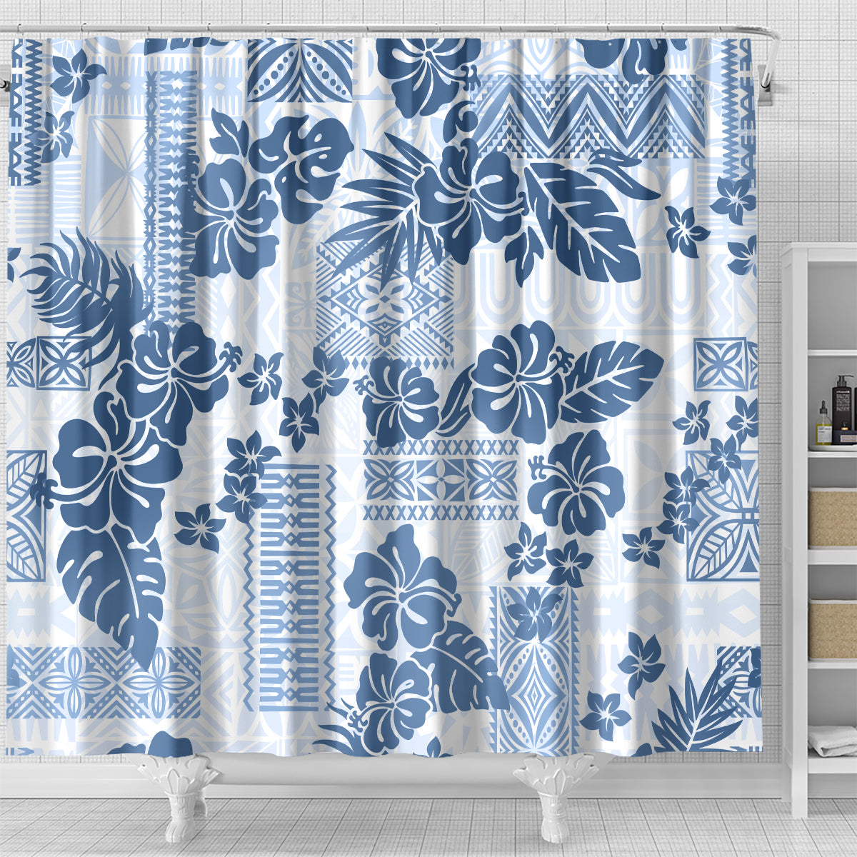 Vintage Hawaii Shower Curtain Hibiscus Tapa Tribal With Hawaiian Quilt Pattern Blue LT9 - Polynesian Pride