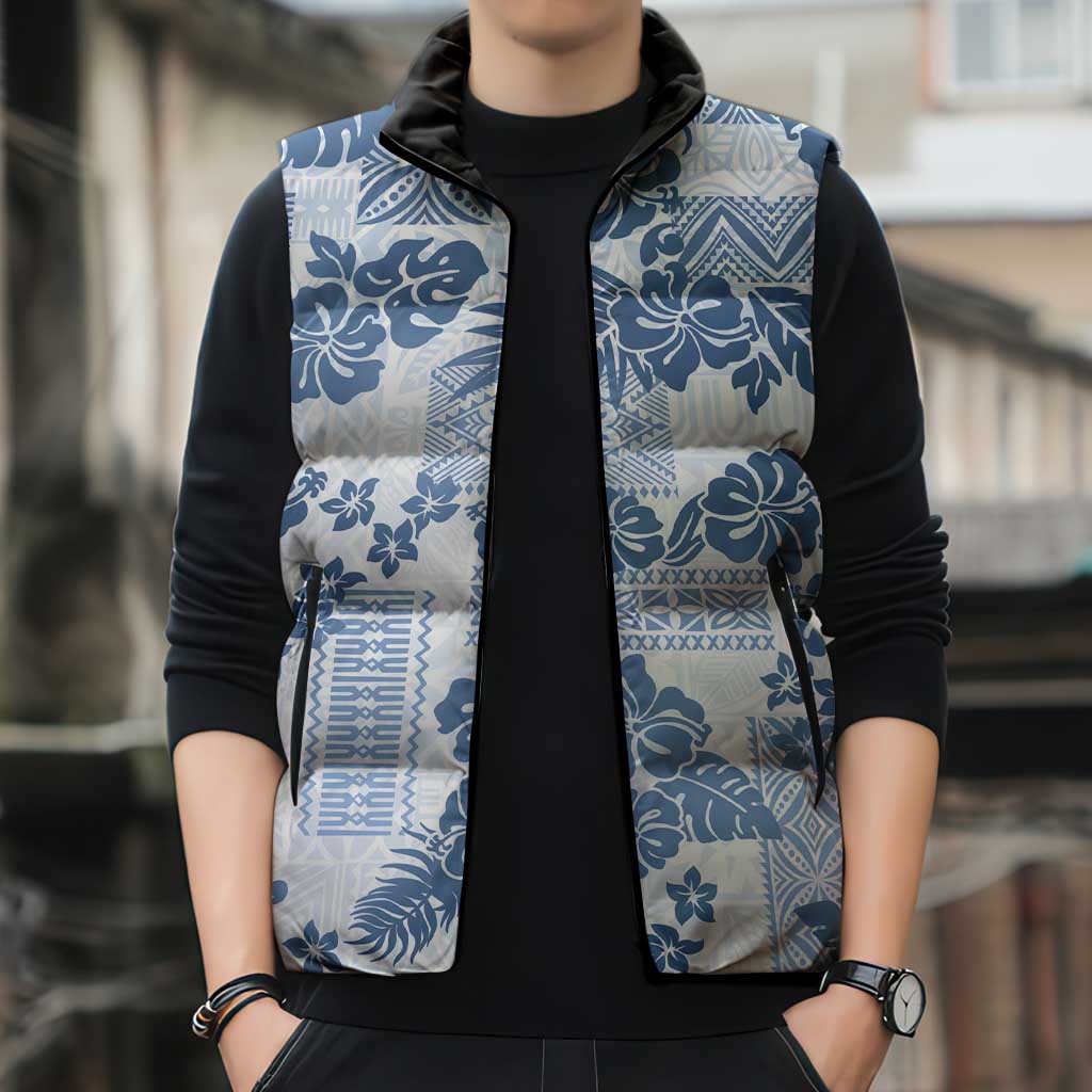 Vintage Hawaii Sleeveless Puffer Jacket Hibiscus Tapa Tribal With Hawaiian Quilt Pattern Blue - Polynesian Pride