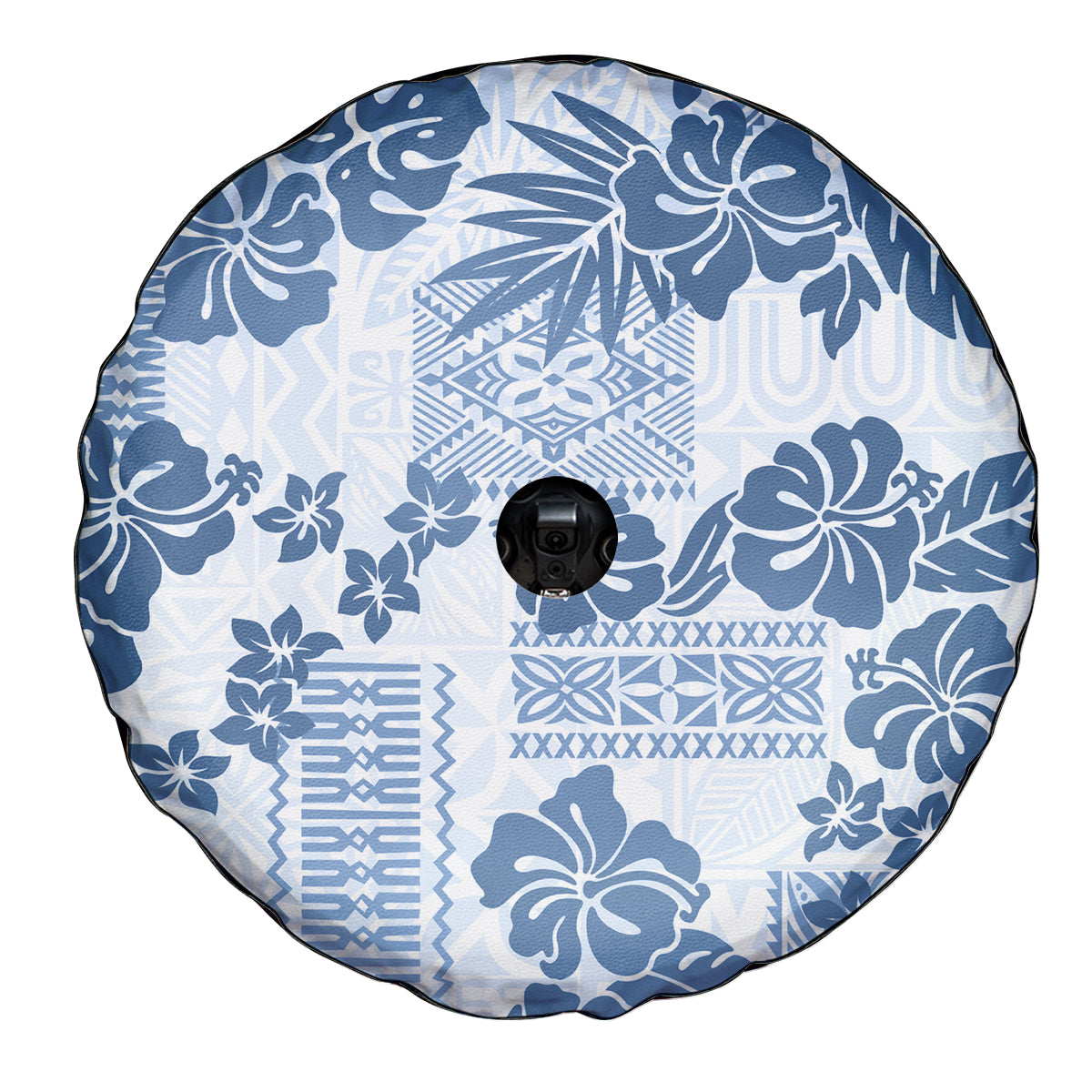 Vintage Hawaii Spare Tire Cover Hibiscus Tapa Tribal With Hawaiian Quilt Pattern Blue LT9 - Polynesian Pride