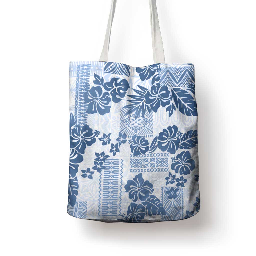 Vintage Hawaii Tote Bag Hibiscus Tapa Tribal With Hawaiian Quilt Pattern Blue - Polynesian Pride