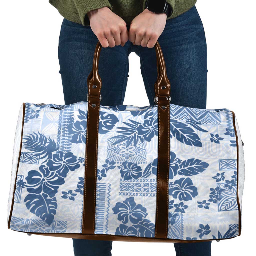 Vintage Hawaii Travel Bag Hibiscus Tapa Tribal With Hawaiian Quilt Pattern Blue - Polynesian Pride