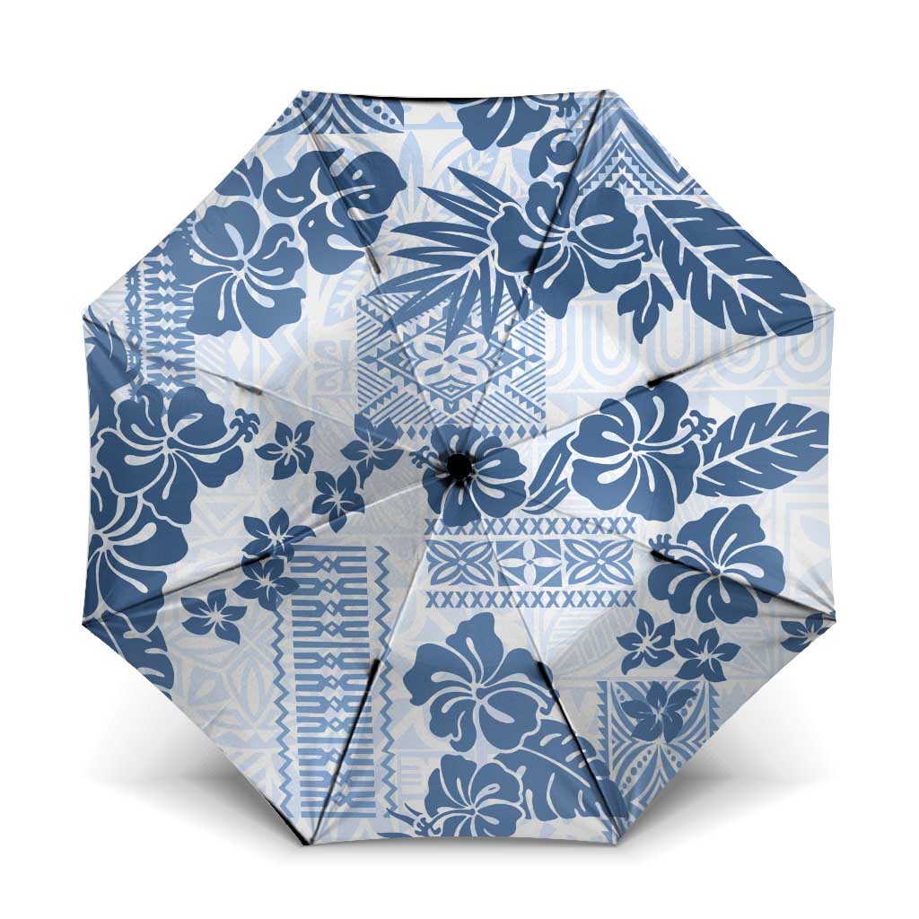Vintage Hawaii Umbrella Hibiscus Tapa Tribal With Hawaiian Quilt Pattern Blue - Polynesian Pride