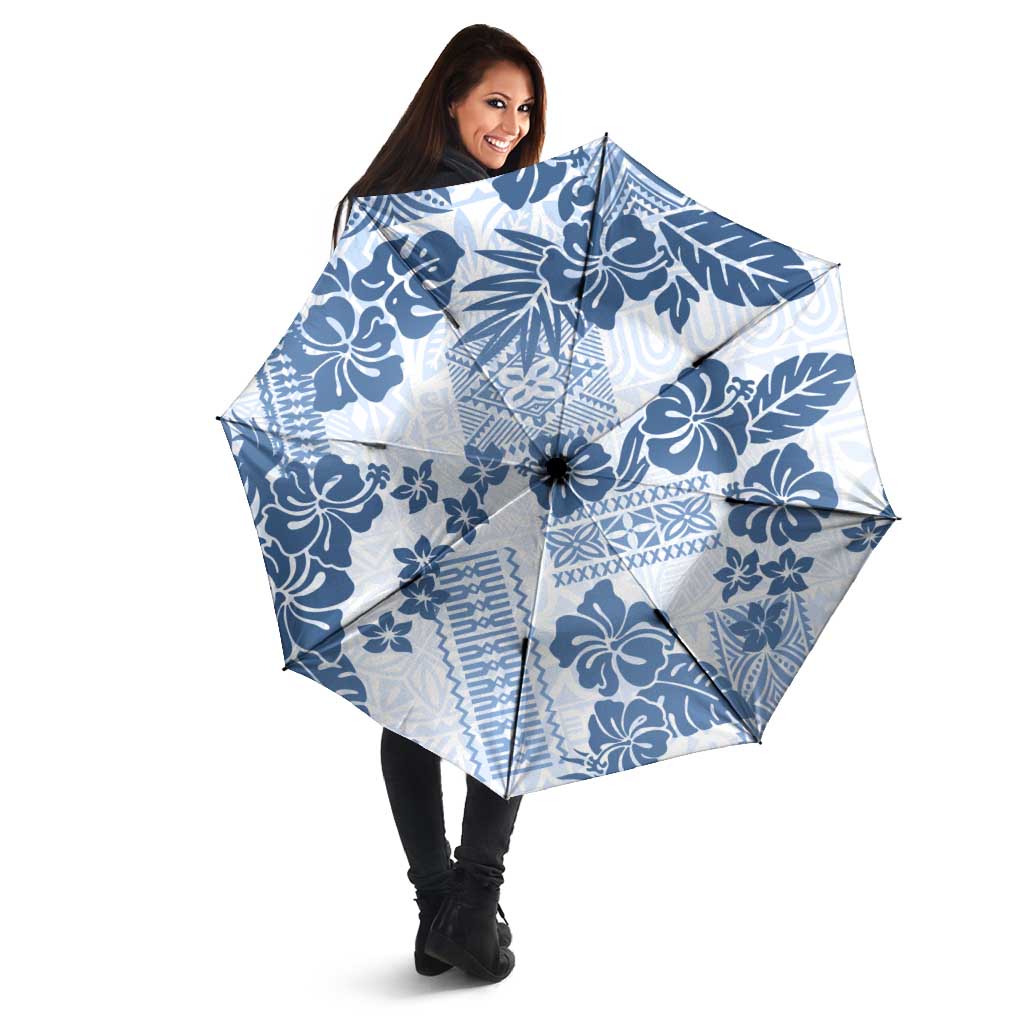 Vintage Hawaii Umbrella Hibiscus Tapa Tribal With Hawaiian Quilt Pattern Blue - Polynesian Pride