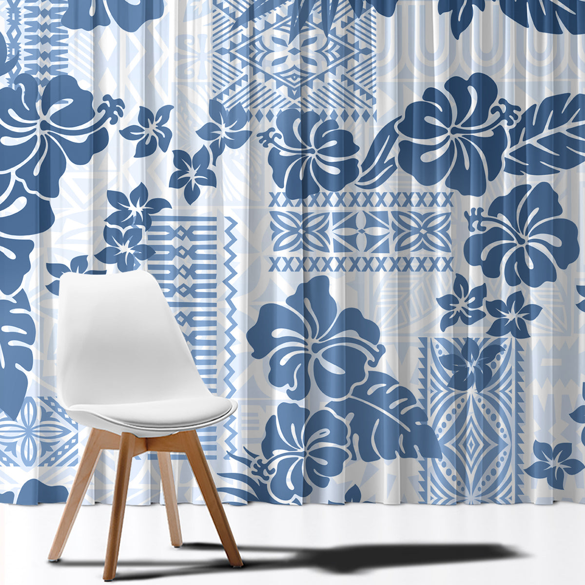 Vintage Hawaii Window Curtain Hibiscus Tapa Tribal With Hawaiian Quilt Pattern Blue LT9 - Polynesian Pride