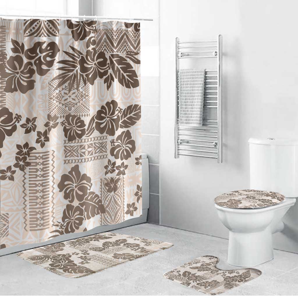 Vintage Hawaii Bathroom Set Hibiscus Tapa Tribal With Hawaiian Quilt Pattern Gold - Polynesian Pride