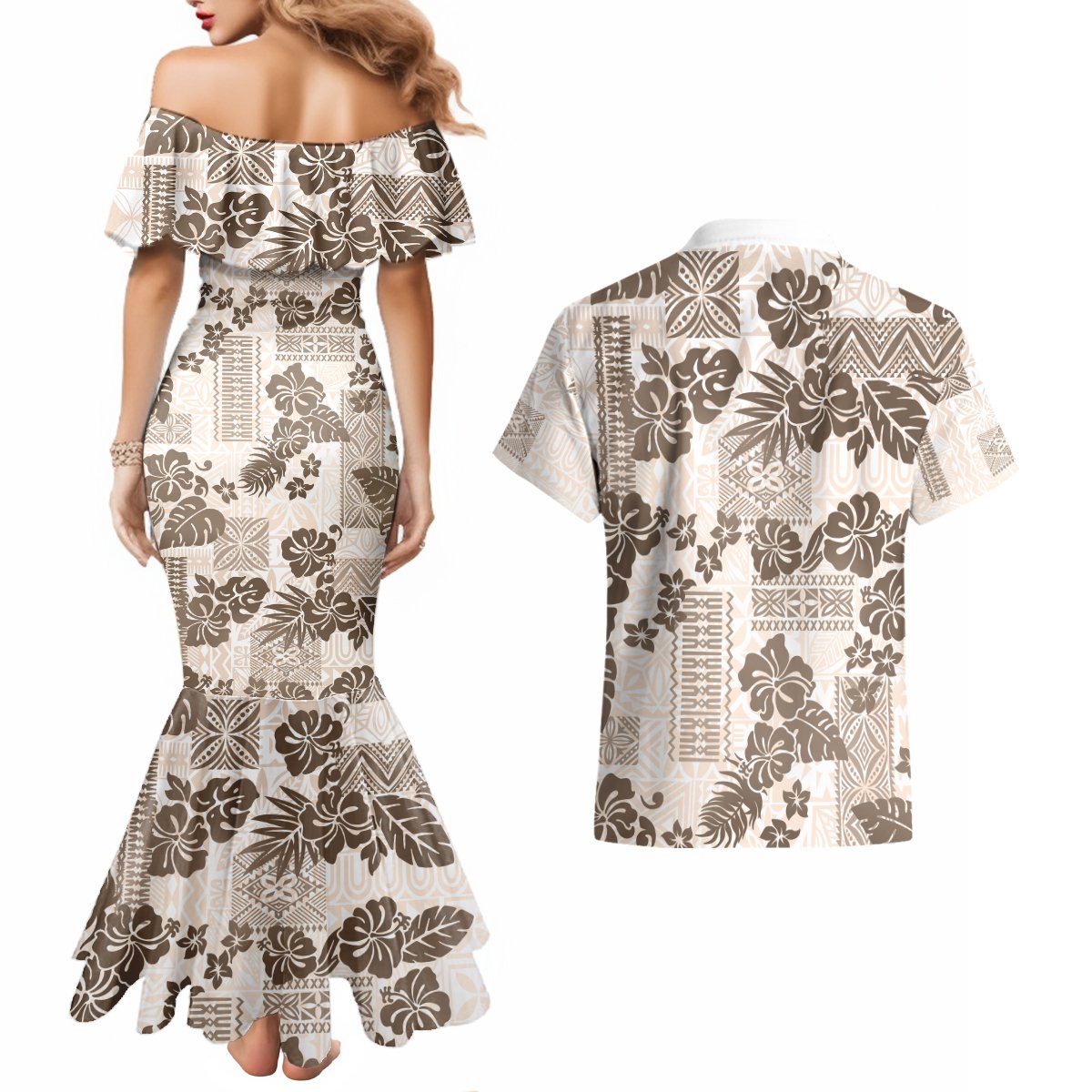 Vintage Hawaii Couples Matching Mermaid Dress and Hawaiian Shirt Hibiscus Tapa Tribal With Hawaiian Quilt Pattern Gold LT9 - Polynesian Pride
