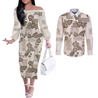 Vintage Hawaii Couples Matching Off The Shoulder Long Sleeve Dress and Long Sleeve Button Shirt Hibiscus Tapa Tribal With Hawaiian Quilt Pattern Gold LT9 Gold - Polynesian Pride
