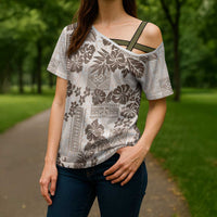 Vintage Hawaii Cross Shoulder Shirt Hibiscus Tapa Tribal With Hawaiian Quilt Pattern Gold - Polynesian Pride