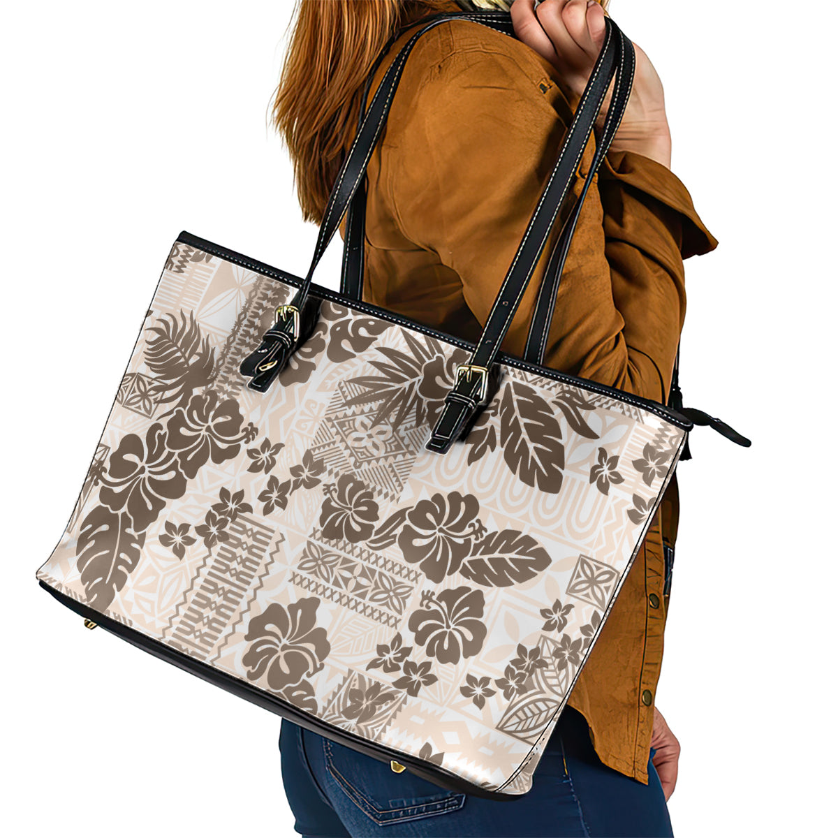 Vintage Hawaii Leather Tote Bag Hibiscus Tapa Tribal With Hawaiian Quilt Pattern Gold LT9 - Polynesian Pride
