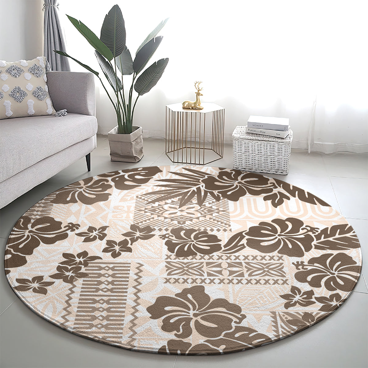 Vintage Hawaii Round Carpet Hibiscus Tapa Tribal With Hawaiian Quilt Pattern Gold LT9 - Polynesian Pride