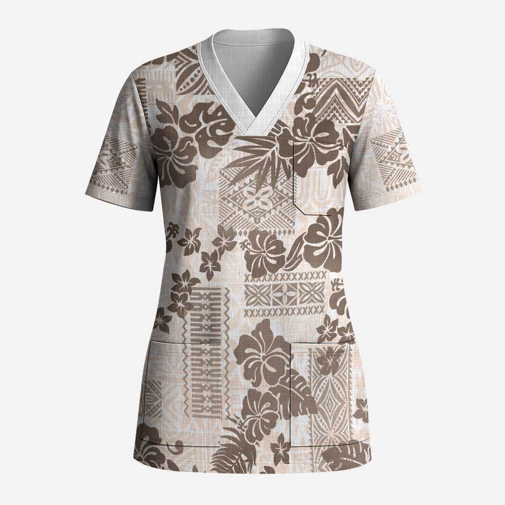 Vintage Hawaii Scrub Top Hibiscus Tapa Tribal With Hawaiian Quilt Pattern Gold - Polynesian Pride