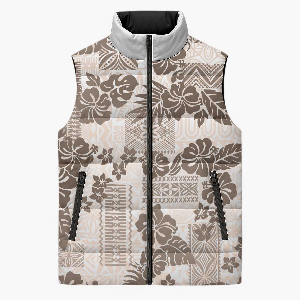 Vintage Hawaii Sleeveless Puffer Jacket Hibiscus Tapa Tribal With Hawaiian Quilt Pattern Gold - Polynesian Pride