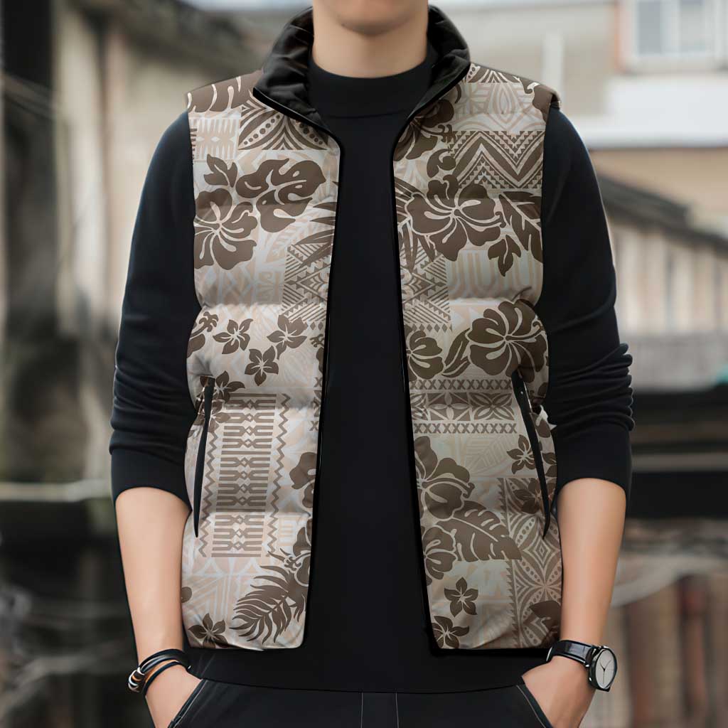 Vintage Hawaii Sleeveless Puffer Jacket Hibiscus Tapa Tribal With Hawaiian Quilt Pattern Gold - Polynesian Pride