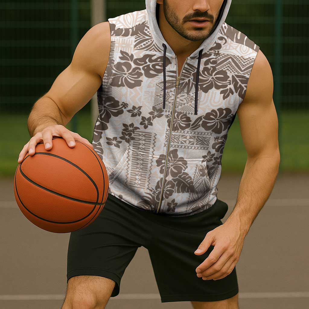 Vintage Hawaii Sleeveless Zip Hoodie Hibiscus Tapa Tribal With Hawaiian Quilt Pattern Gold - Polynesian Pride