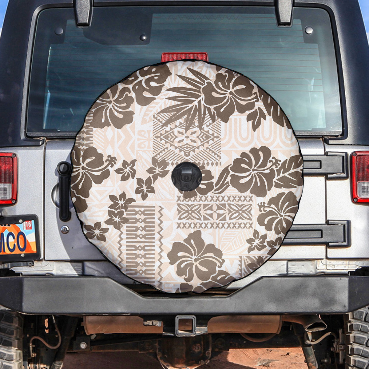 Vintage Hawaii Spare Tire Cover Hibiscus Tapa Tribal With Hawaiian Quilt Pattern Gold LT9 - Polynesian Pride