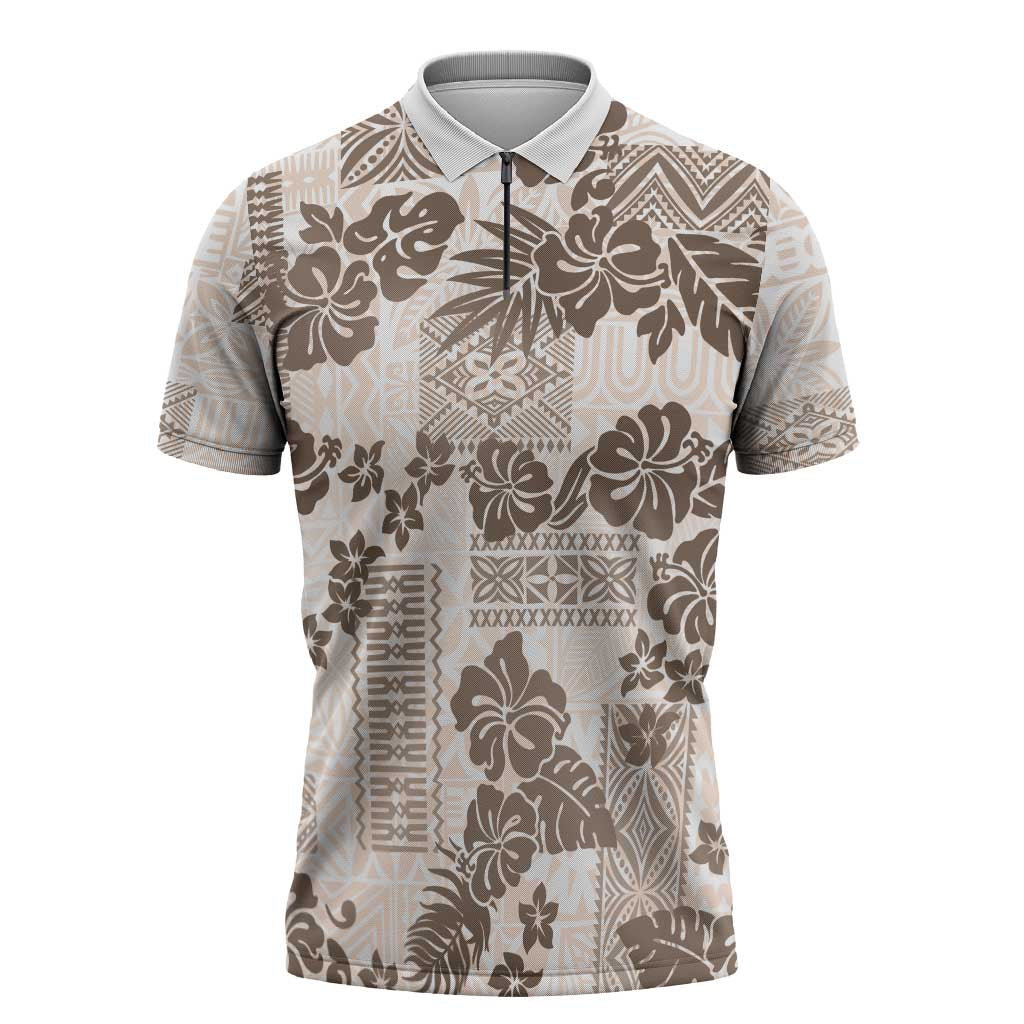 Vintage Hawaii Zipper Polo Shirt Hibiscus Tapa Tribal With Hawaiian Quilt Pattern Gold - Polynesian Pride
