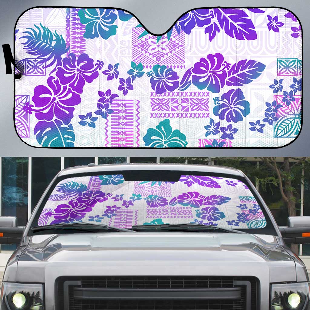 Vintage Hawaii Auto Sun Shade Hibiscus Tapa Tribal With Hawaiian Quilt Pattern Purple - Polynesian Pride
