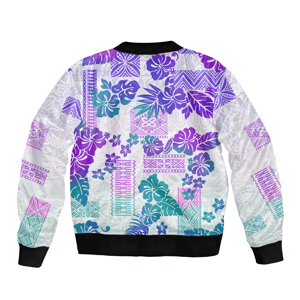 Vintage Hawaii Bomber Jacket Hibiscus Tapa Tribal With Hawaiian Quilt Pattern Purple LT9 - Polynesian Pride