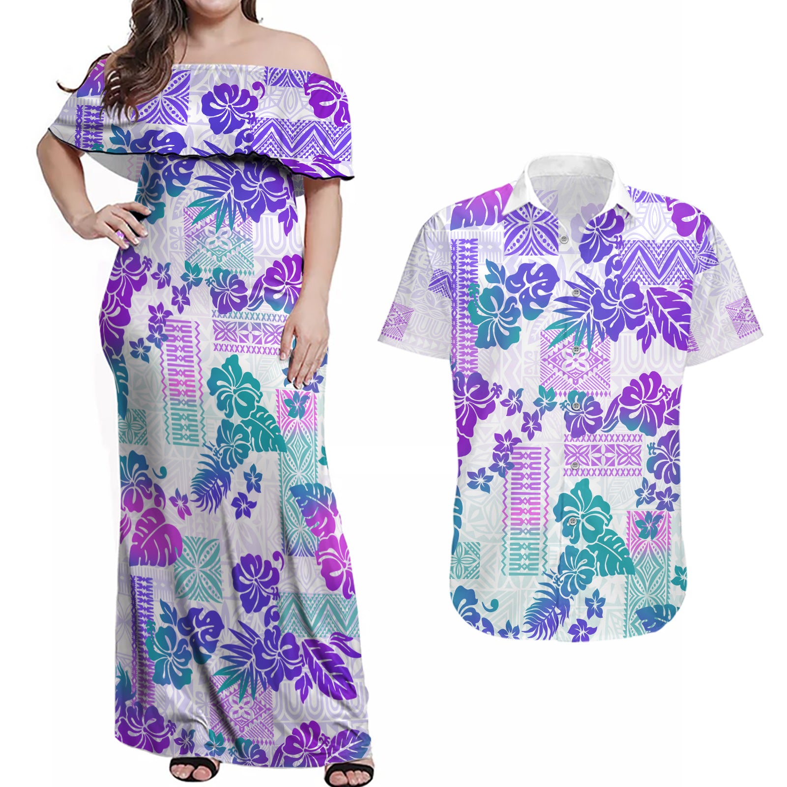 Vintage Hawaii Couples Matching Off Shoulder Maxi Dress and Hawaiian Shirt Hibiscus Tapa Tribal With Hawaiian Quilt Pattern Purple LT9 Purple - Polynesian Pride