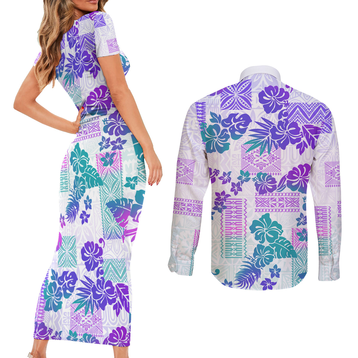Vintage Hawaii Couples Matching Short Sleeve Bodycon Dress and Long Sleeve Button Shirt Hibiscus Tapa Tribal With Hawaiian Quilt Pattern Purple LT9 - Polynesian Pride