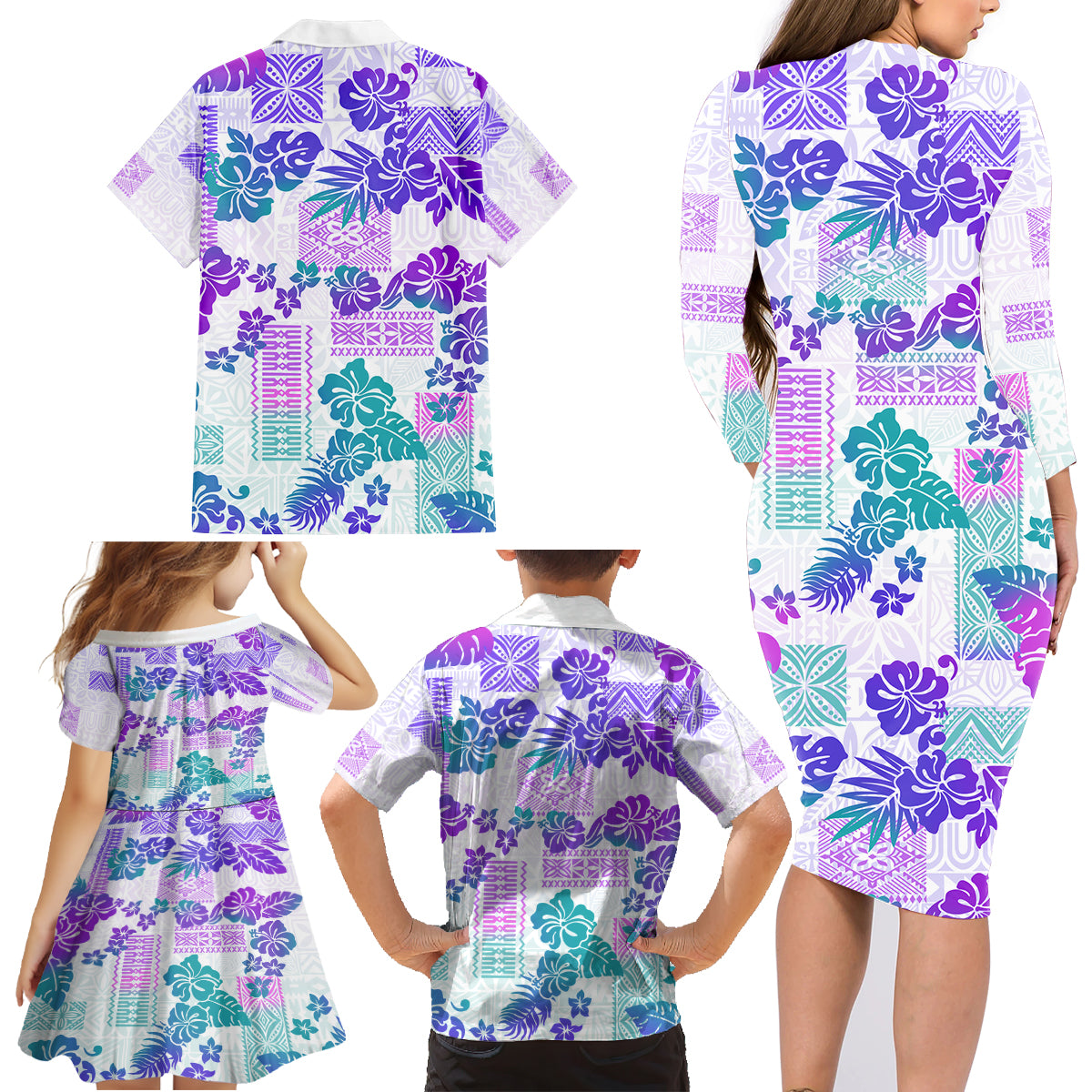 Vintage Hawaii Family Matching Long Sleeve Bodycon Dress and Hawaiian Shirt Hibiscus Tapa Tribal With Hawaiian Quilt Pattern Purple LT9 - Polynesian Pride