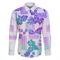 Vintage Hawaii Family Matching Short Sleeve Bodycon Dress and Hawaiian Shirt Hibiscus Tapa Tribal With Hawaiian Quilt Pattern Purple LT9 Dad's Shirt - Long Sleeve Purple - Polynesian Pride