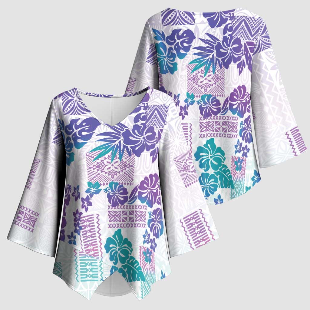 Vintage Hawaii Kimono Sleeve Blouse Hibiscus Tapa Tribal With Hawaiian Quilt Pattern Purple - Polynesian Pride