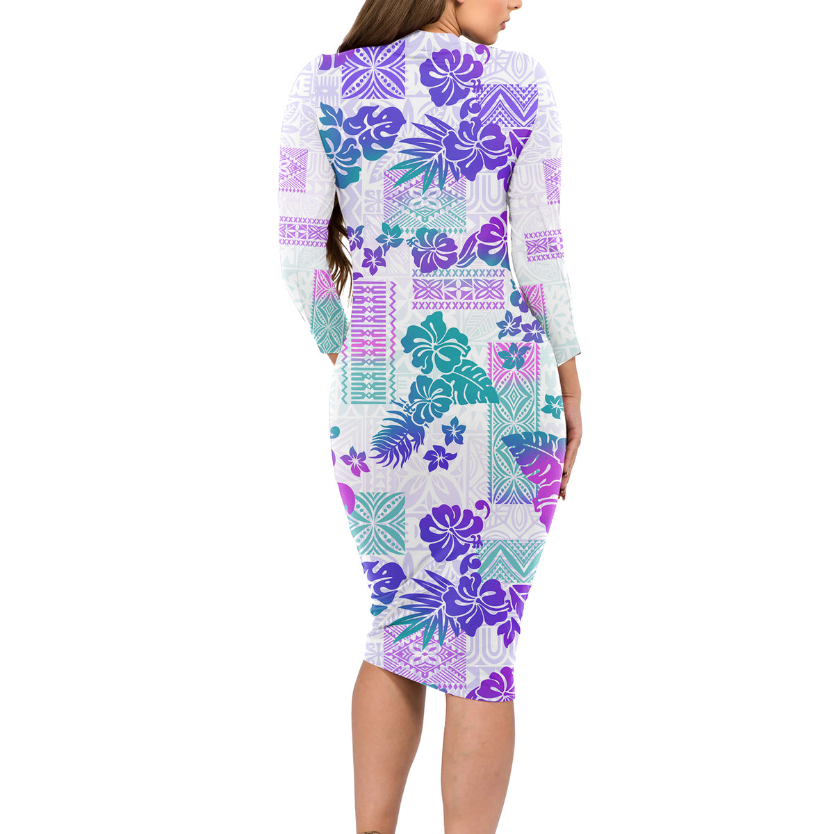 Vintage Hawaii Long Sleeve Bodycon Dress Hibiscus Tapa Tribal With Hawaiian Quilt Pattern Purple LT9 - Polynesian Pride