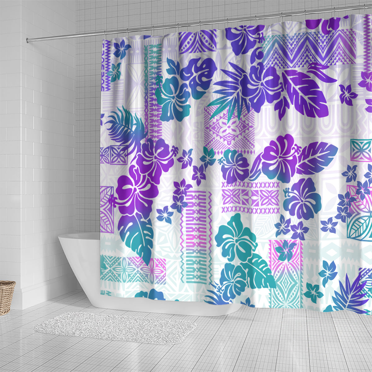 Vintage Hawaii Shower Curtain Hibiscus Tapa Tribal With Hawaiian Quilt Pattern Purple LT9 - Polynesian Pride