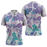 Vintage Hawaii Zipper Polo Shirt Hibiscus Tapa Tribal With Hawaiian Quilt Pattern Purple - Polynesian Pride