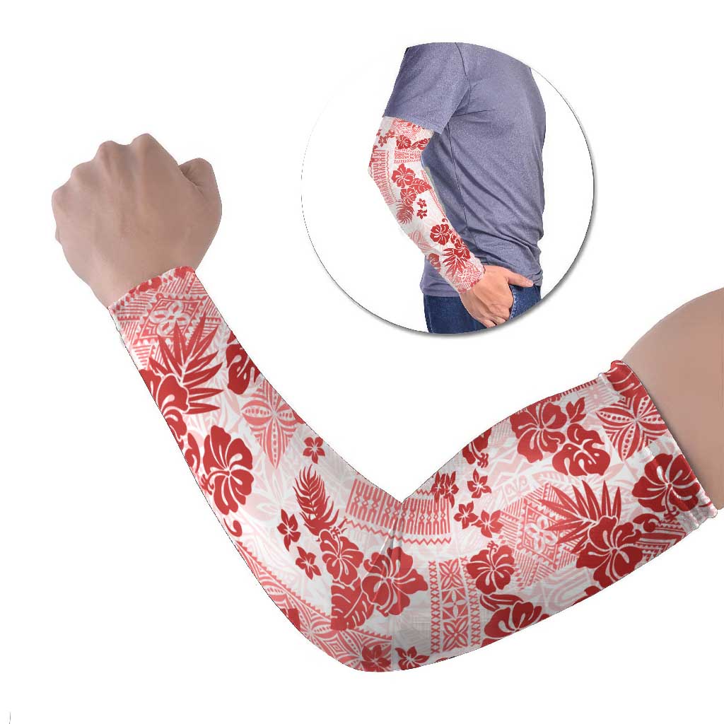 Vintage Hawaii Arm Sleeves Hibiscus Tapa Tribal With Hawaiian Quilt Pattern Red - Polynesian Pride