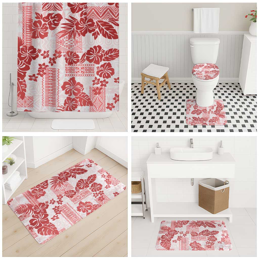 Vintage Hawaii Bathroom Set Hibiscus Tapa Tribal With Hawaiian Quilt Pattern Red - Polynesian Pride