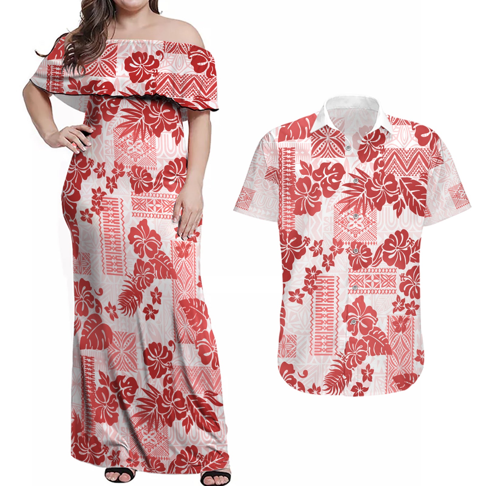 Vintage Hawaii Couples Matching Off Shoulder Maxi Dress and Hawaiian Shirt Hibiscus Tapa Tribal With Hawaiian Quilt Pattern Red LT9 Red - Polynesian Pride