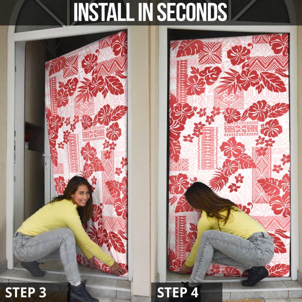 Vintage Hawaii Door Cover Hibiscus Tapa Tribal With Hawaiian Quilt Pattern Red - Polynesian Pride