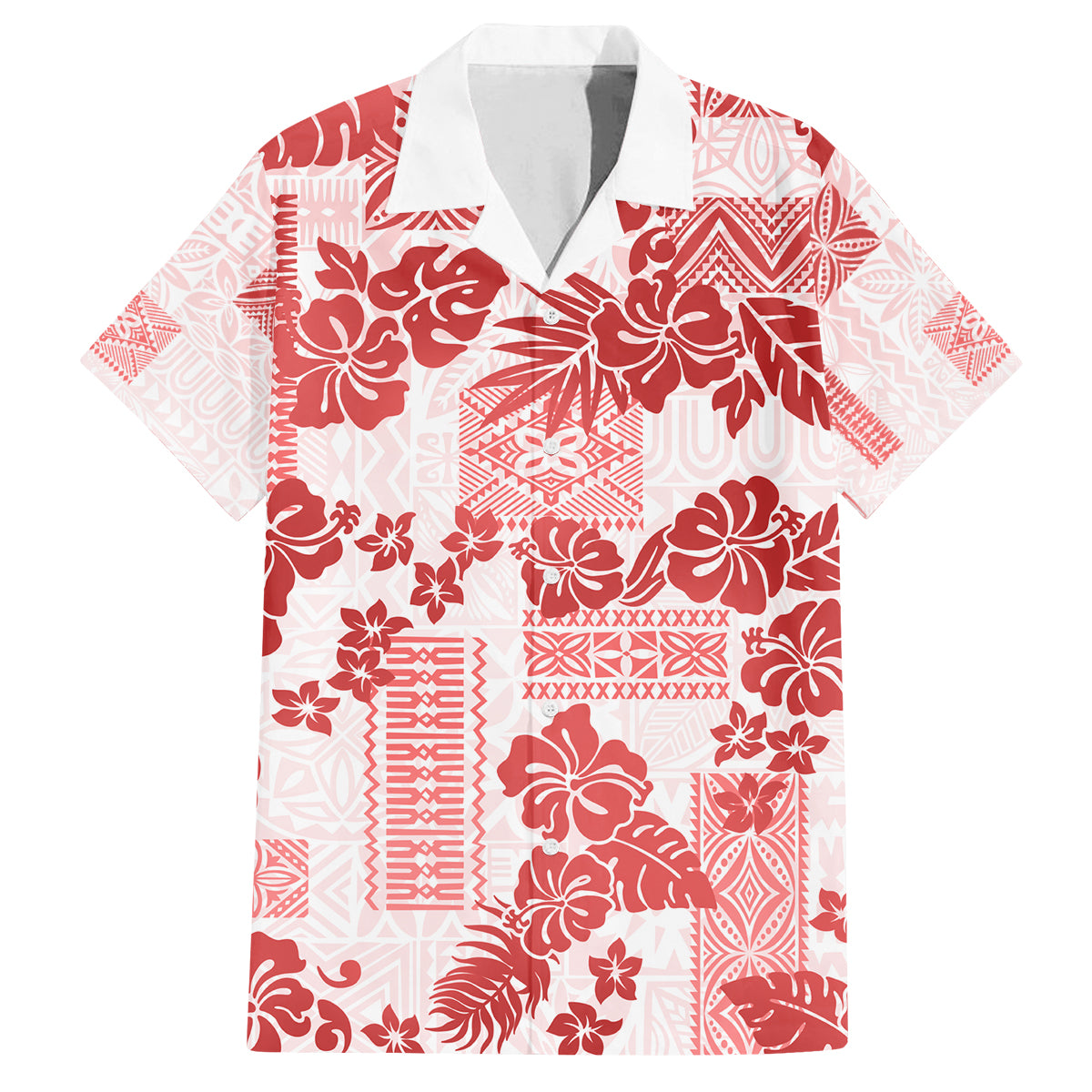 Vintage Hawaii Family Matching Off Shoulder Long Sleeve Dress and Hawaiian Shirt Hibiscus Tapa Tribal With Hawaiian Quilt Pattern Red LT9 Dad's Shirt - Short Sleeve Red - Polynesian Pride