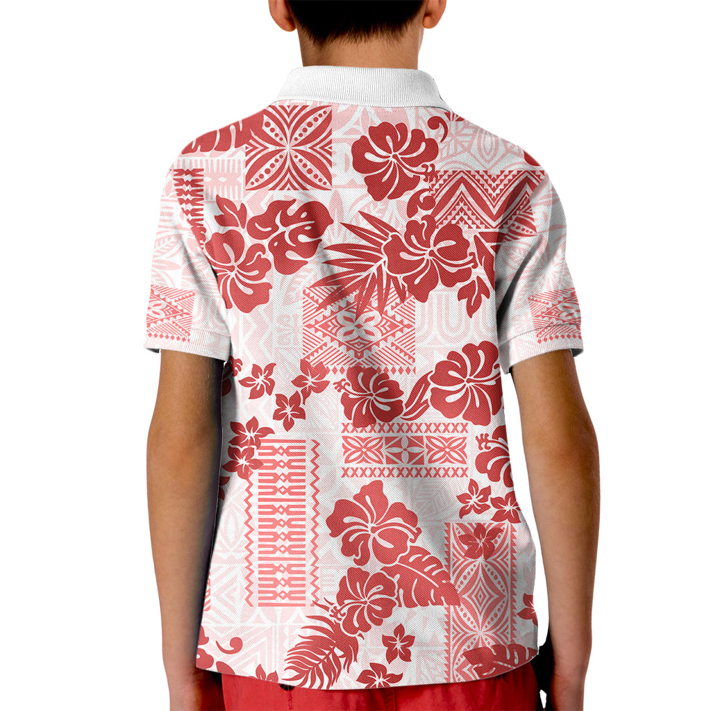 Vintage Hawaii Kid Polo Shirt Hibiscus Tapa Tribal With Hawaiian Quilt Pattern Red LT9 - Polynesian Pride