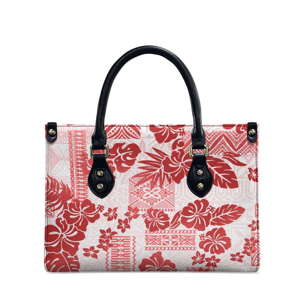 Vintage Hawaii Leather Bag Hibiscus Tapa Tribal With Hawaiian Quilt Pattern Red - Polynesian Pride