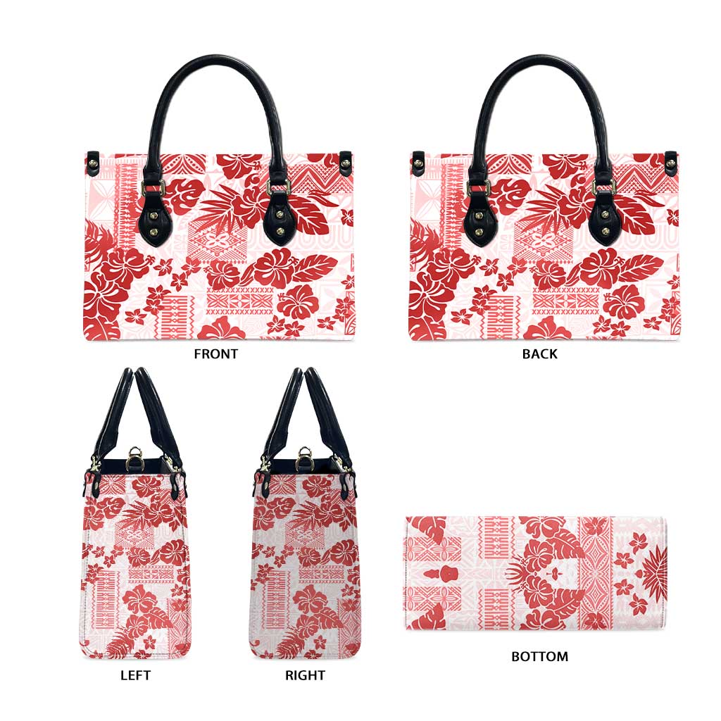 Vintage Hawaii Leather Bag Hibiscus Tapa Tribal With Hawaiian Quilt Pattern Red - Polynesian Pride