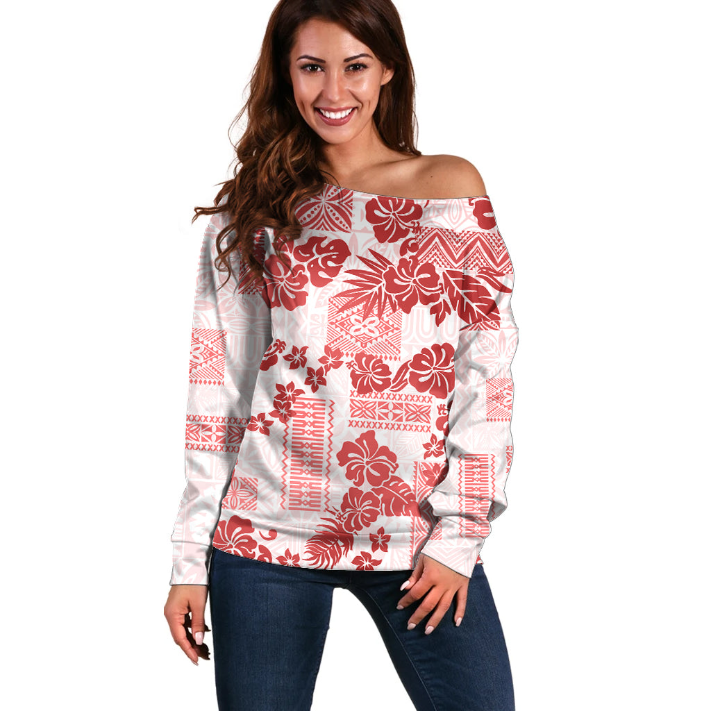 Vintage Hawaii Off Shoulder Sweater Hibiscus Tapa Tribal With Hawaiian Quilt Pattern Red LT9 Women Red - Polynesian Pride