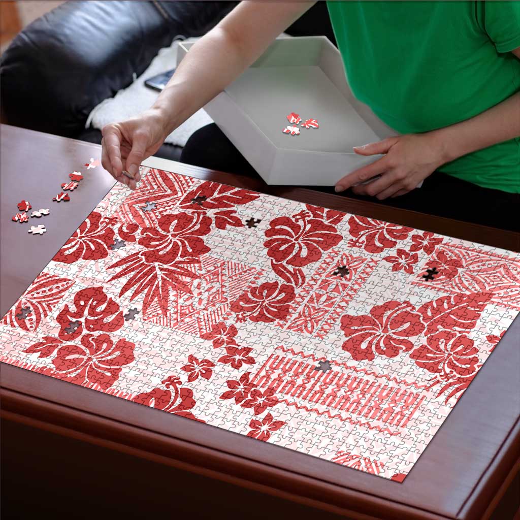 Vintage Hawaii Puzzle Hibiscus Tapa Tribal With Hawaiian Quilt Pattern Red - Polynesian Pride