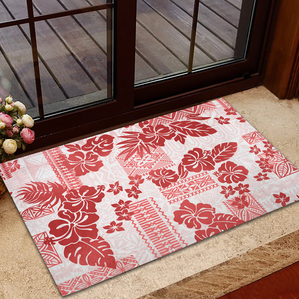 Vintage Hawaii Rubber Doormat Hibiscus Tapa Tribal With Hawaiian Quilt Pattern Red LT9 - Polynesian Pride