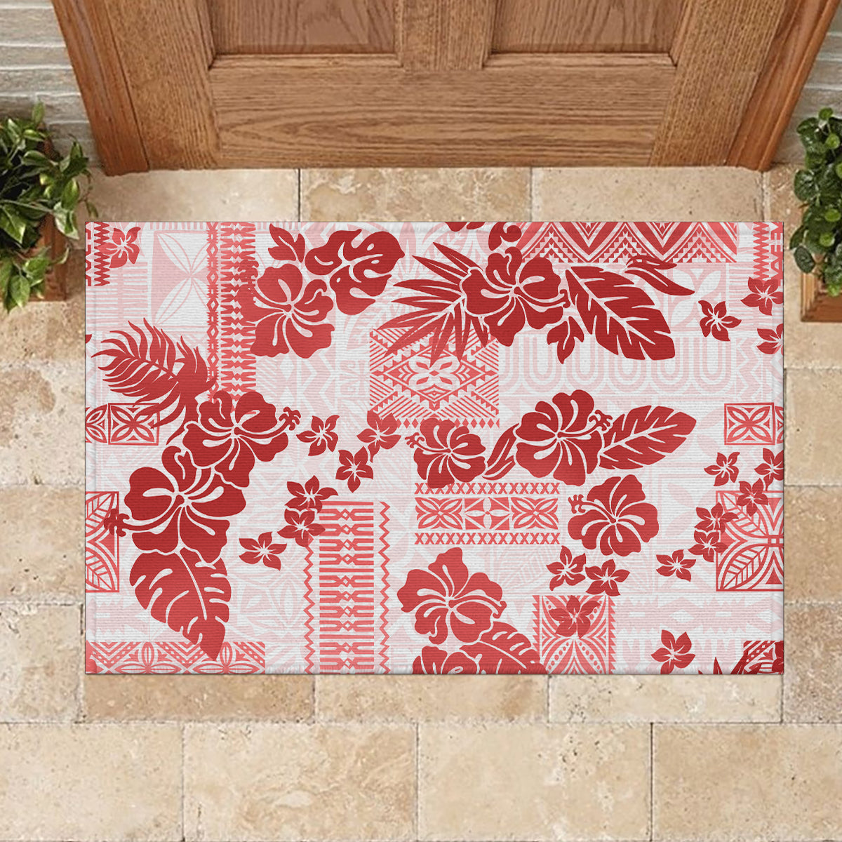 Vintage Hawaii Rubber Doormat Hibiscus Tapa Tribal With Hawaiian Quilt Pattern Red LT9 - Polynesian Pride