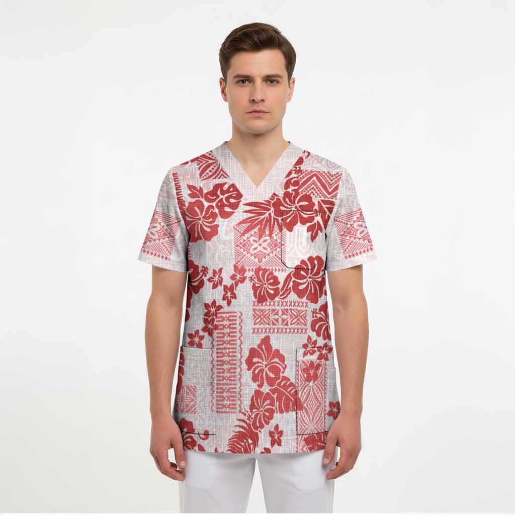 Vintage Hawaii Scrub Top Hibiscus Tapa Tribal With Hawaiian Quilt Pattern Red - Polynesian Pride