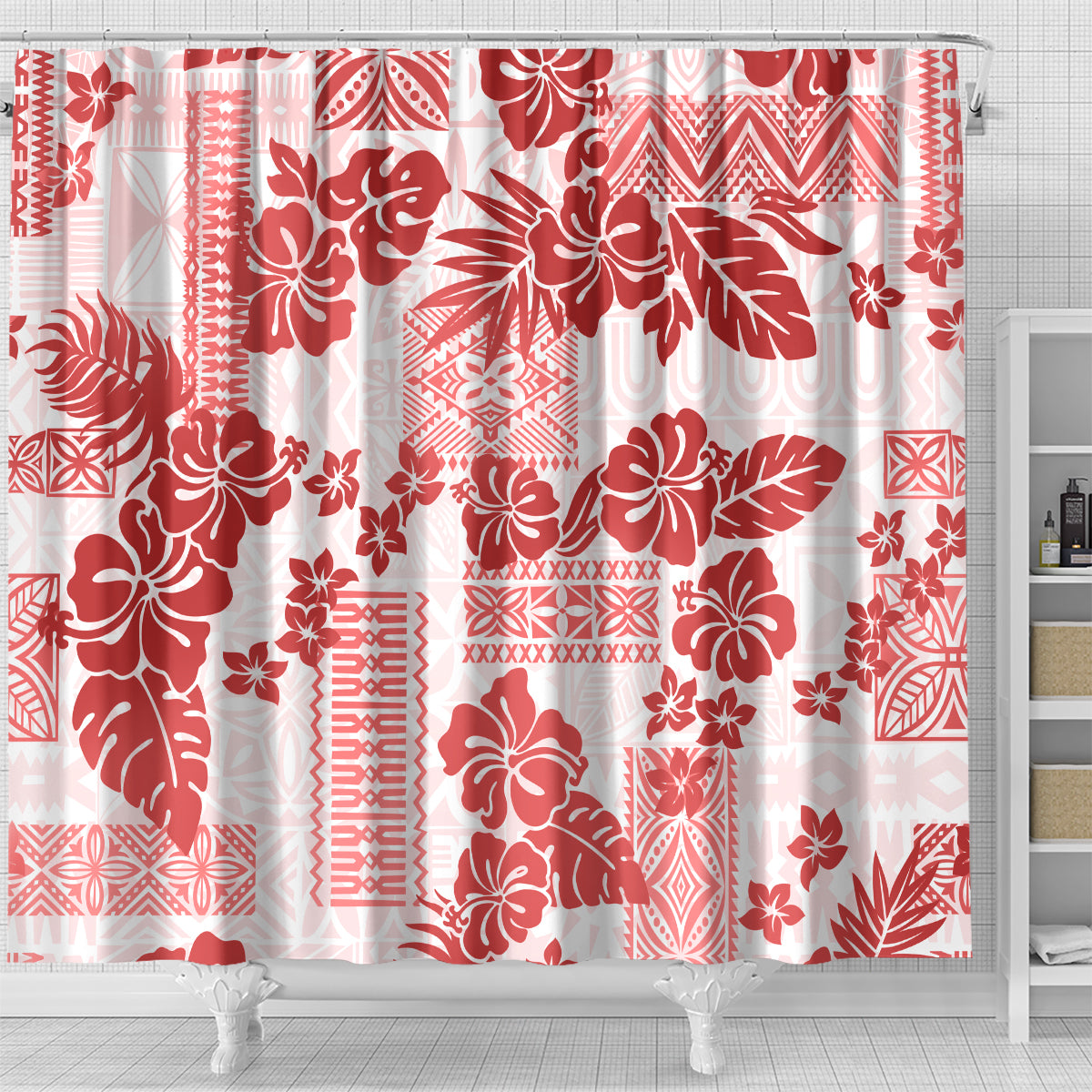 Vintage Hawaii Shower Curtain Hibiscus Tapa Tribal With Hawaiian Quilt Pattern Red LT9 - Polynesian Pride