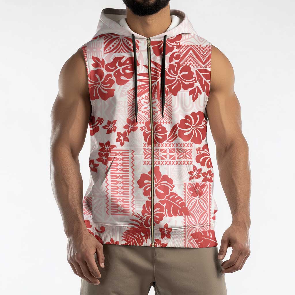 Vintage Hawaii Sleeveless Zip Hoodie Hibiscus Tapa Tribal With Hawaiian Quilt Pattern Red - Polynesian Pride