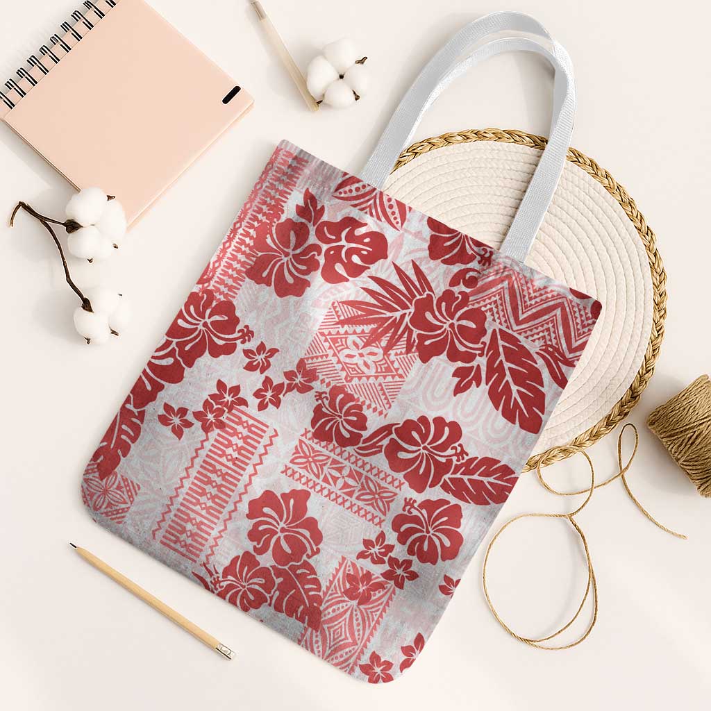Vintage Hawaii Tote Bag Hibiscus Tapa Tribal With Hawaiian Quilt Pattern Red - Polynesian Pride
