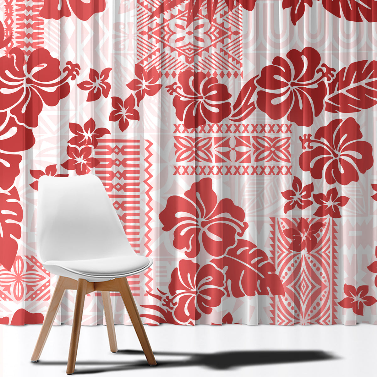 Vintage Hawaii Window Curtain Hibiscus Tapa Tribal With Hawaiian Quilt Pattern Red LT9 - Polynesian Pride