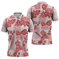 Vintage Hawaii Zipper Polo Shirt Hibiscus Tapa Tribal With Hawaiian Quilt Pattern Red - Polynesian Pride