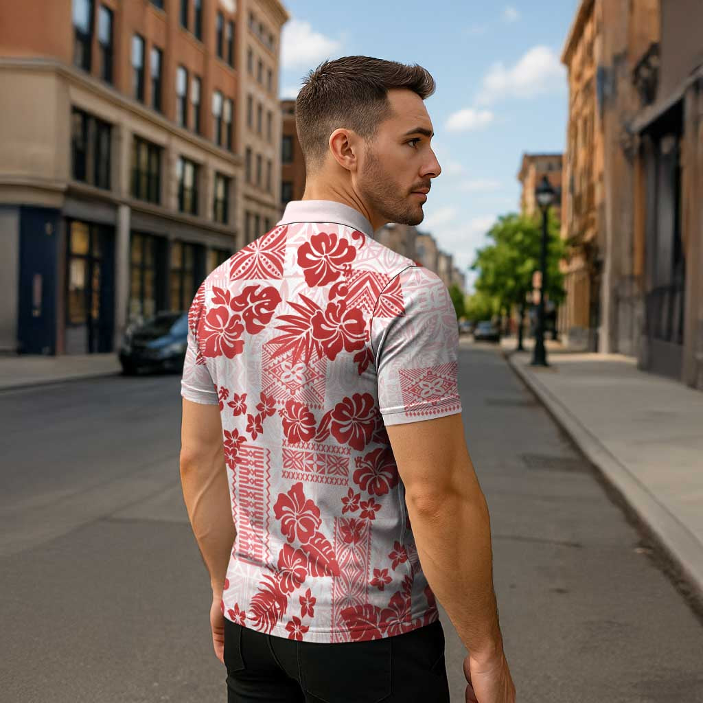 Vintage Hawaii Zipper Polo Shirt Hibiscus Tapa Tribal With Hawaiian Quilt Pattern Red - Polynesian Pride