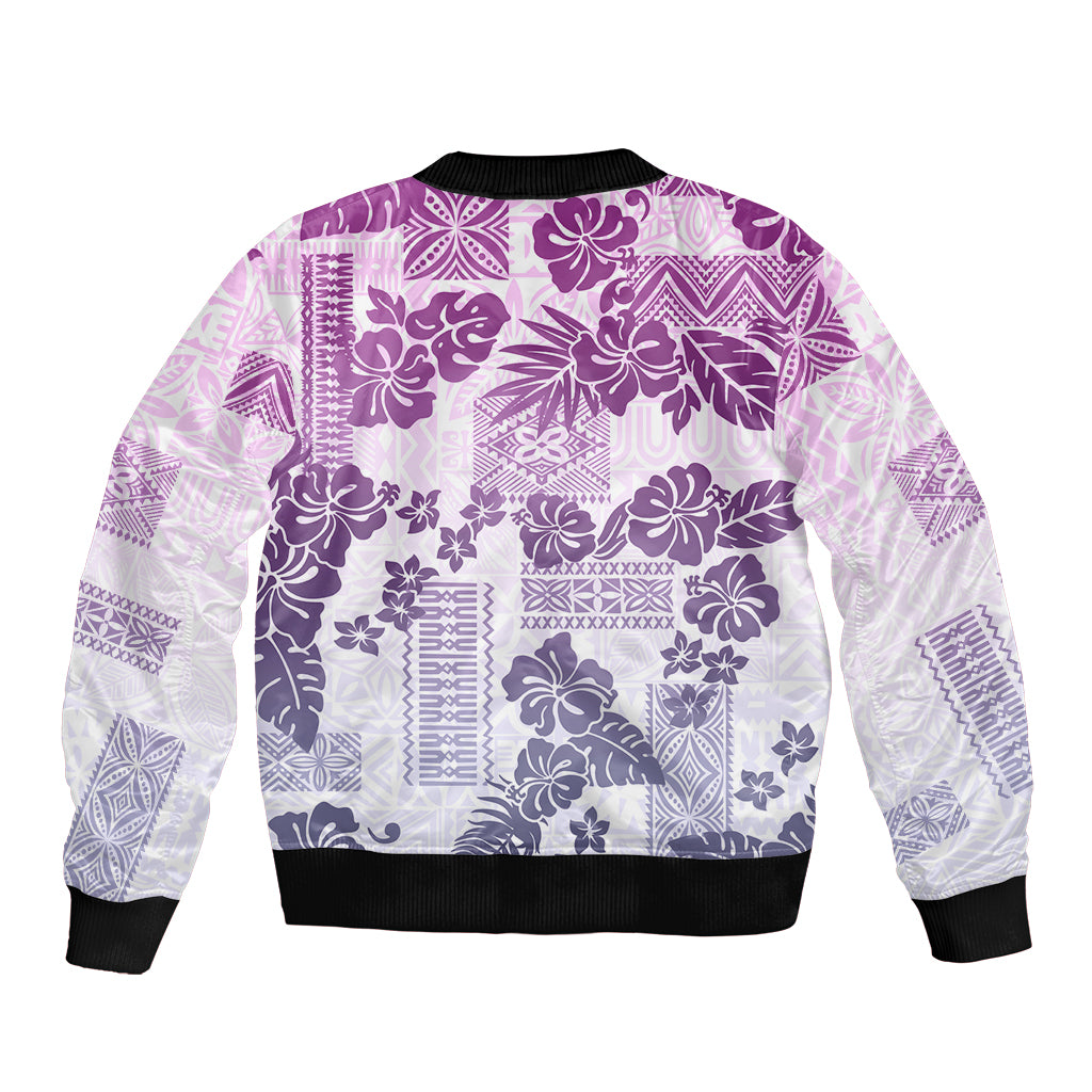 Vintage Hawaii Bomber Jacket Hibiscus Tapa Tribal With Hawaiian Quilt Pattern Violet LT9 - Polynesian Pride